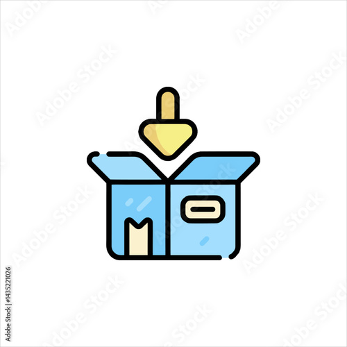 Delivery box receiving package with arrow pointing down, representing shipping and receiving, in a simple, clean style.