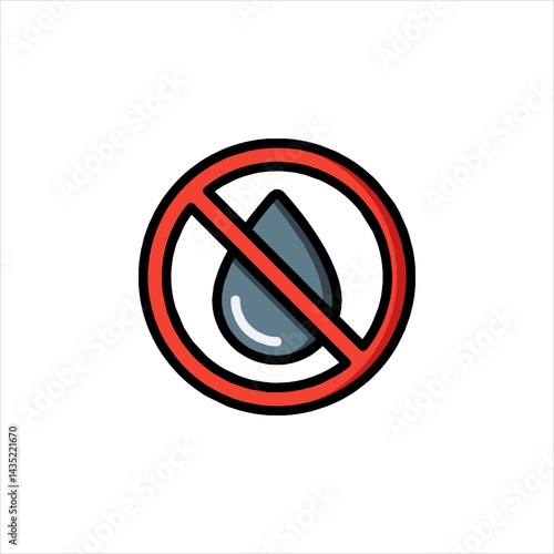Water drop crossed out with red circle symbolizing water conservation and scarcity on white surface, emphasizing environmental awareness.