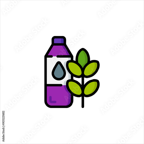 Purple bottle with drop symbol stands next to green leafy plant representing natural medicine and herbal remedies on white backdrop.