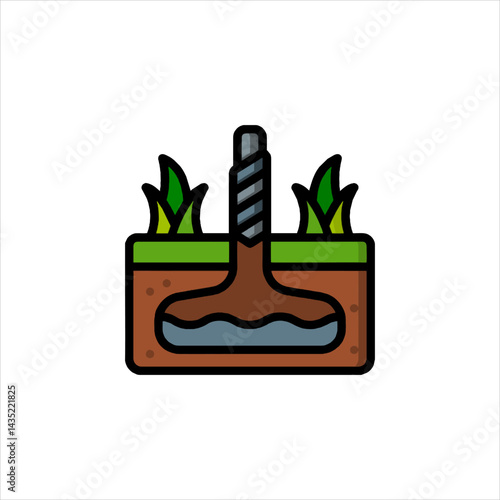 Drilling rig bores into the earth to extract water, showcasing the process of groundwater extraction for irrigation and water supply, presented in a clean, modern style.