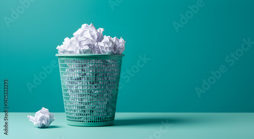 Crumpled White Papers Overflowing in Pixelated Teal Trash Bin on Teal Background in Studio Setting