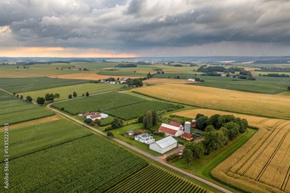 Fototapeta premium Expansive Aerial View of Farmland Under Moody Skies Generative AI