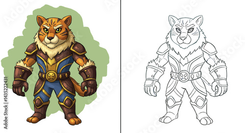 Tiger Warrior Character Art: A powerful anthropomorphic tiger warrior, rendered in full color and line art, stands ready for battle, showcasing detailed armor and a fierce expression.  