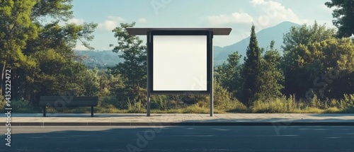 Blank billboard poster advertisement mockups at an empty bus stop shelter along the main road with greenery in the background out of home OOH vertical billboard media display area
