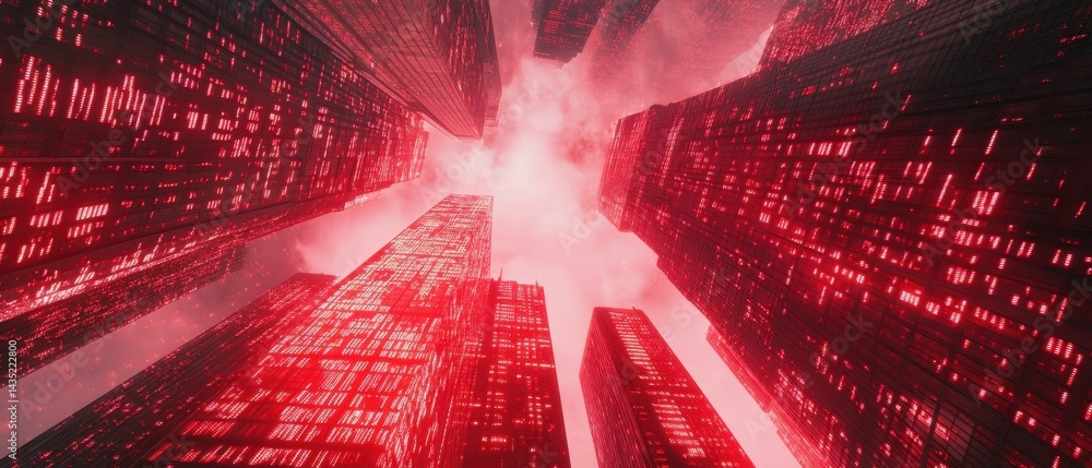 Naklejka premium Skyscrapers soar into a bright sky with red financial data overlays, reflecting the energy of the business world.