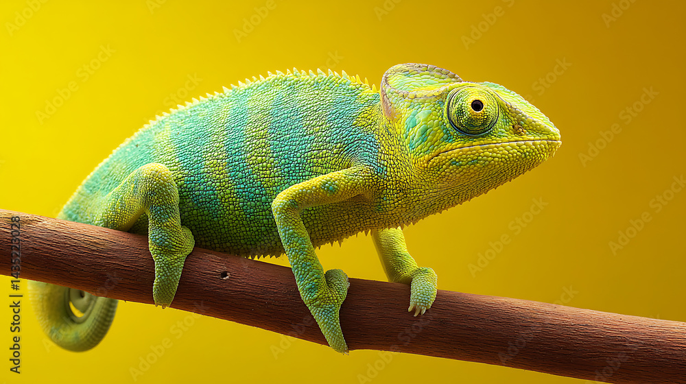 Obraz premium Colorful chameleon perched on a branch against a vibrant yellow background, showcasing its texture