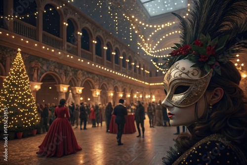 Elegant Christmas Masquerade With Mysterious Masks in a Grand Hall Generative AI