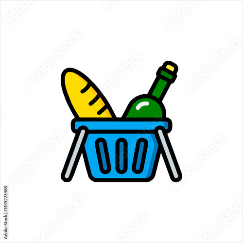Shopping basket holding bread and wine on white surface, suggesting a simple and enjoyable meal, creating a feeling of relaxation and contentment.