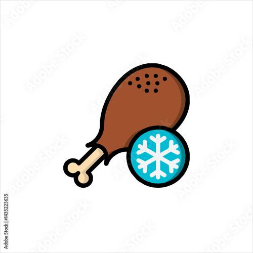 Frozen chicken leg sits beside snowflake symbol against a white backdrop, representing food preservation and convenient meal preparation.