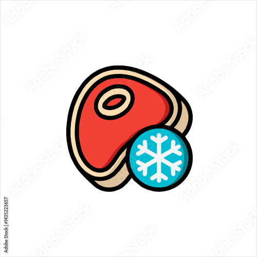 Frozen steak sits beside a snowflake symbol, indicating preservation and cold storage for future cooking and consumption.