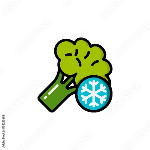 Broccoli with snowflake symbol represents frozen vegetables on white space, indicating freshness and preservation of healthy food.