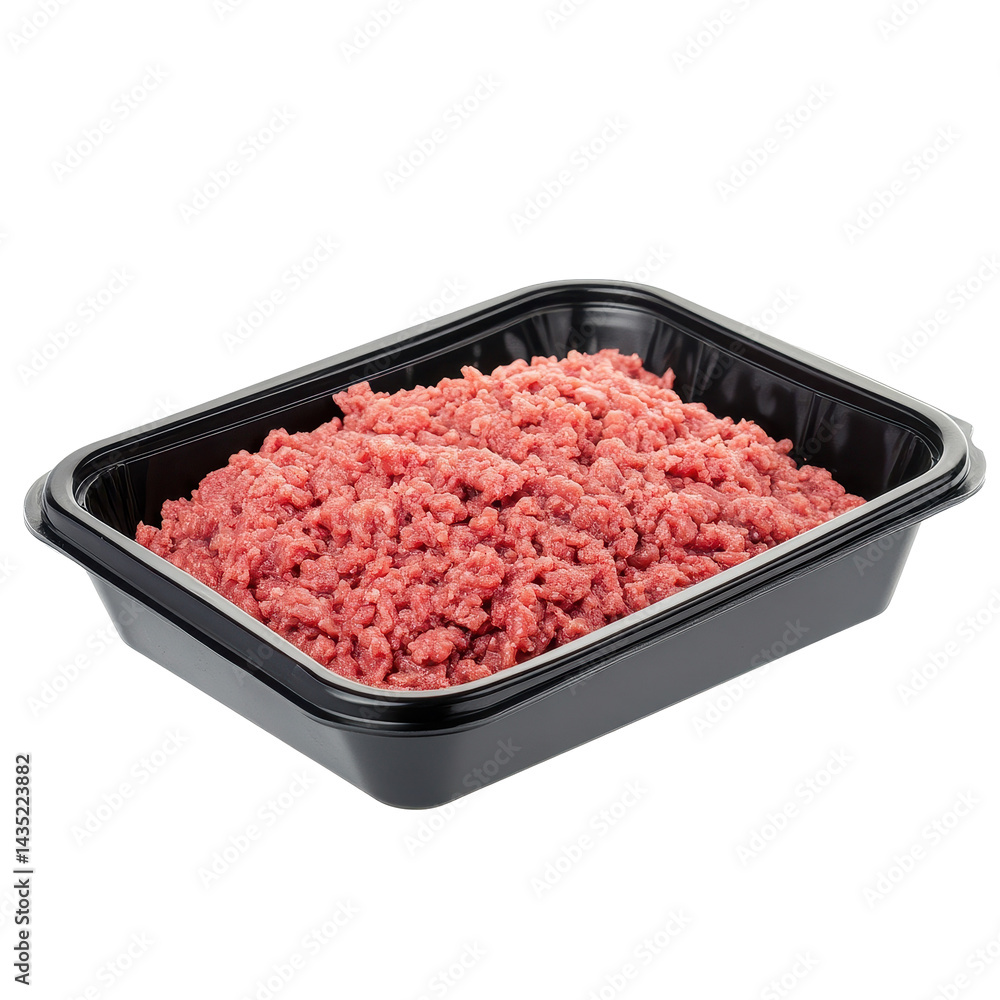 Raw minced meat in a black plastic tray ready for cooking and meal preparation, Raw minced meat in a black plastic tray container isolated on Transparent background Raw minced meat in a black plastic tray ready for cooking and meal preparation, Raw minced meat in a black plastic tray container isolated on Transparent background