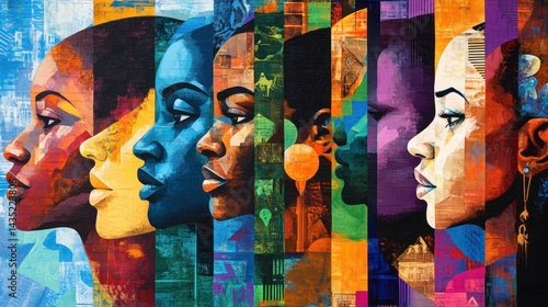 Colorful profile portraits of diverse women.  A vibrant mural-style piece showcasing various shades and colors of female faces in profile views, highlighting diversity and strength