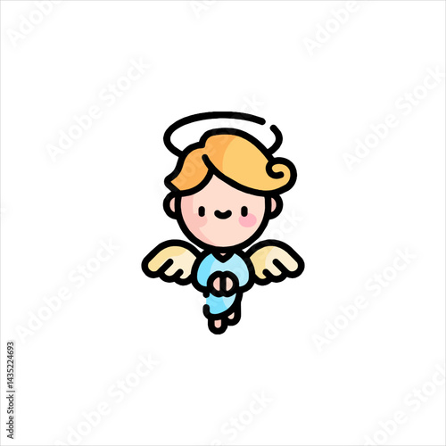 Cute angel with blonde hair and halo praying peacefully on a white background, spreading joy and innocence with its gentle presence.