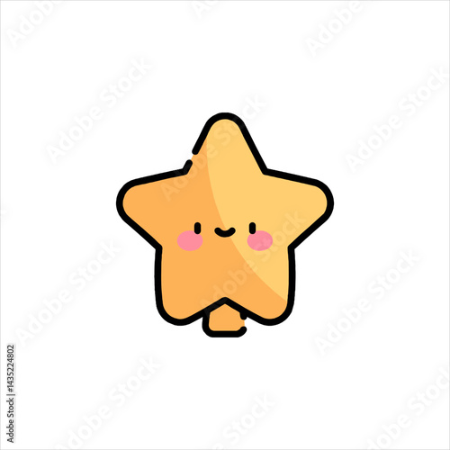 Cute star character smiling with rosy cheeks in simple style, radiating positivity and charm on plain white backdrop.