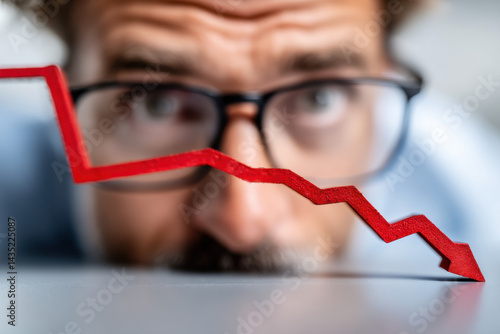 Obraz na płótnie Stressed businessman staring at a dropping red line graph symbolizing economic crisis, sales decline, and business risk w salonie