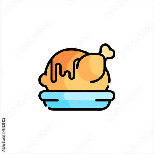 Roasted chicken sits on a blue plate with gravy dripping down in a simple, clean style for a modern and appetizing presentation.