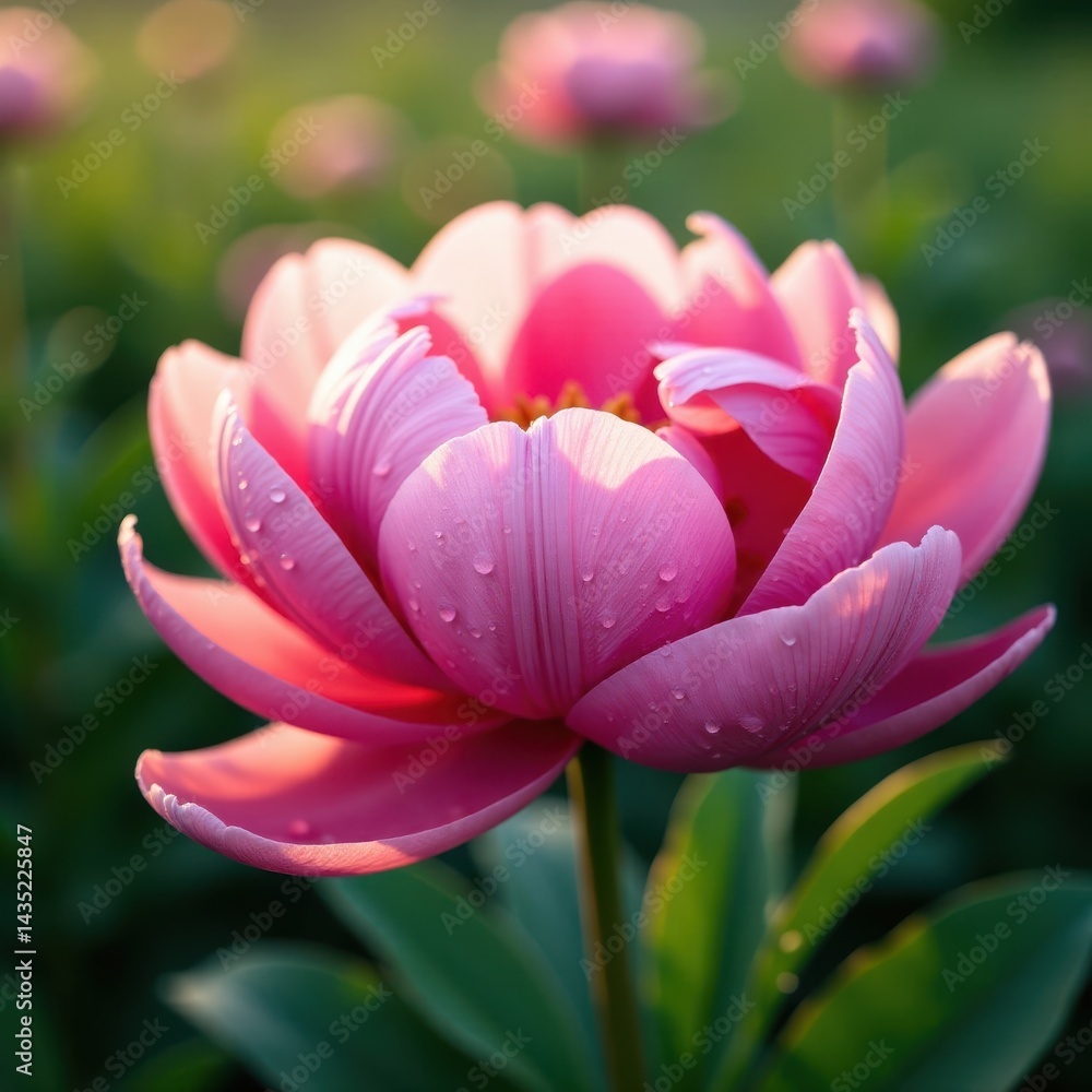 Fototapeta premium Soft pink peony petals unfolding in morning dew, bloom, blossoms