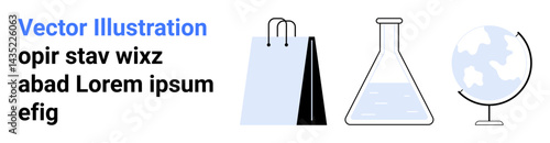 Shopping bag, conical flask with liquid, and globe. Ideal for education, business, e-commerce, research, science, travel planning simple landing page