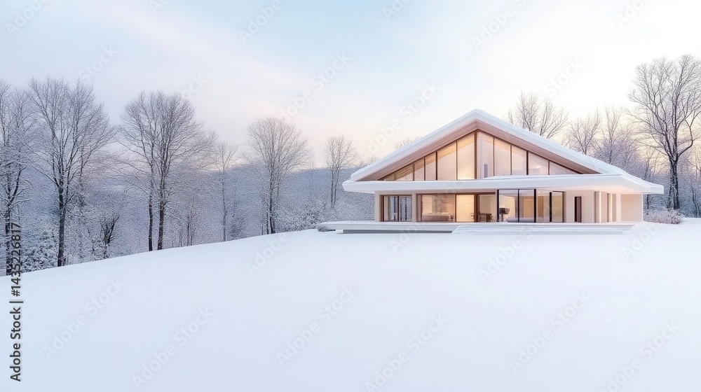 Modern chalet nestled in snowy landscape. Spacious, contemporary home with large windows, situated on a hilltop, blanketed in winter wonderland Modern chalet nestled in snowy landscape. Spacious, contemporary home with large windows, situated on a hilltop, blanketed in winter wonderland