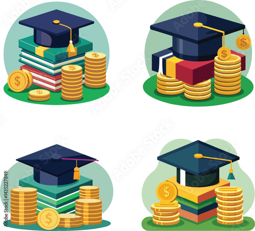 Graduation Caps Books And Money Cost of Education Savings,  Gold Coins Vector Image