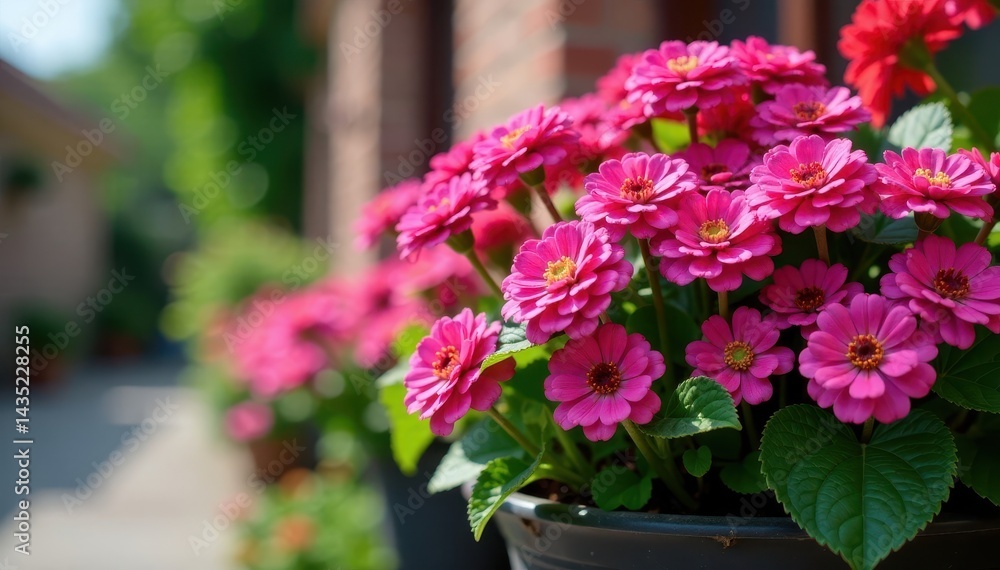 Fototapeta premium Vibrant pink lantana camara flowers densely packed in a large container, purple, blooming