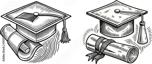 Graduation Caps and Diplomas Graduation Success Education Achievement Black And White Vector images