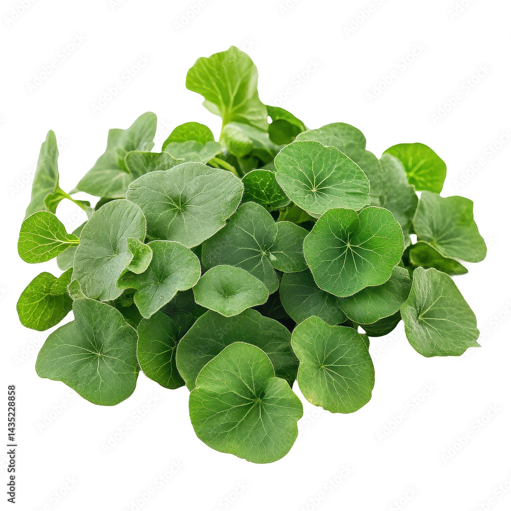Centella asiatica plant isolated on a white background with vibrant green leaves and distinctive round shape, Centella asiaticaisolated on white background Centella asiatica plant isolated on a white background with vibrant green leaves and distinctive round shape, Centella asiaticaisolated on white background