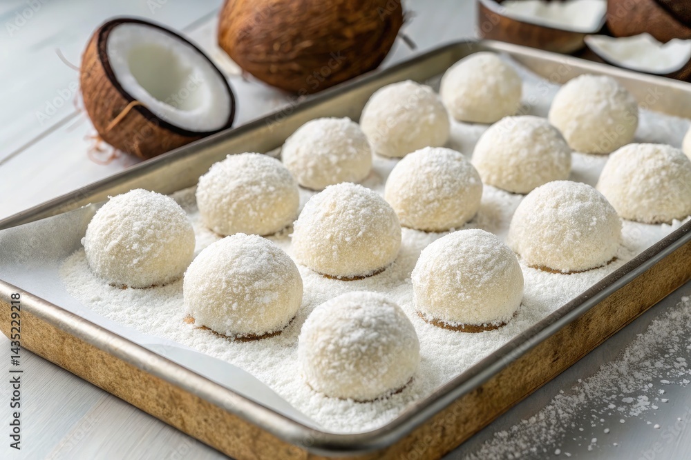 Fototapeta premium Coconut Treats Coated in White Powder Ready for Serving Generative AI
