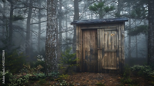 Foggy wooden shed in a dense, eerie forest