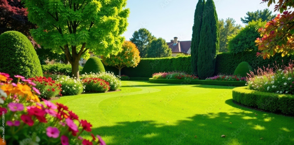 Obraz premium Well-manicured lawn surrounded by colorful flowers and shrubs in a sunny landscape, lawn care, nature scenery