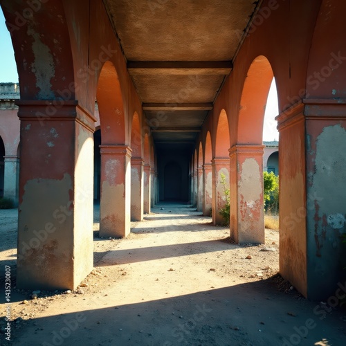 Weeping colonnade in desolate, abandoned city, stones, broken