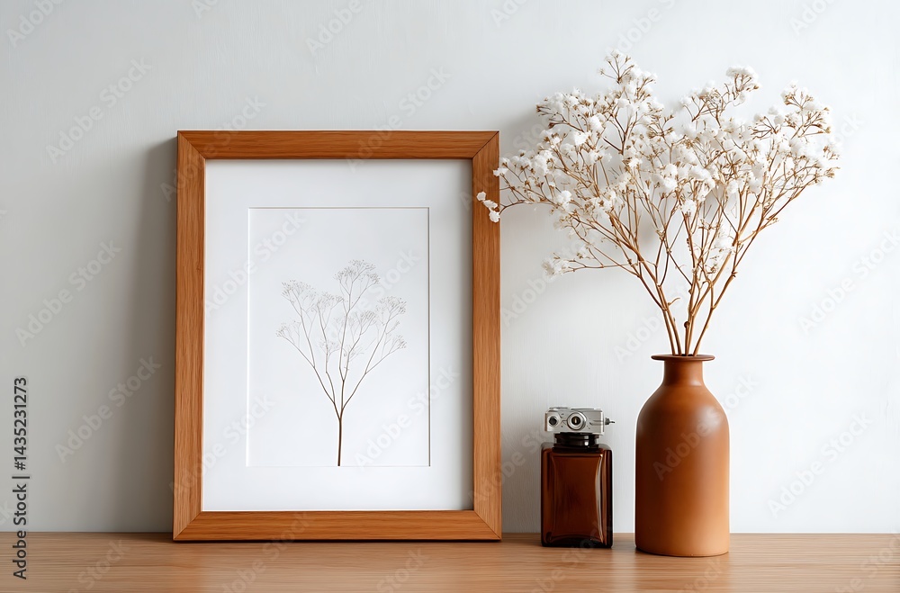 Simple Line Drawing of a Plant in Wooden Frame Simple Line Drawing of a Plant in Wooden Frame