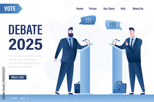 Debate before vote, landing page. Leaders of opposing political parties talking on public debates. Two politicians debate on rostrum, political show.