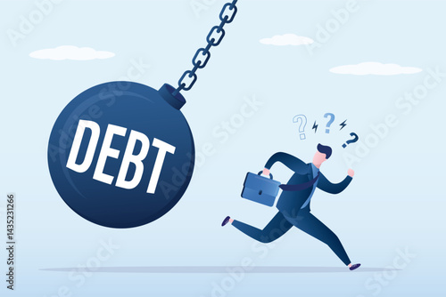 Businessman runs away from financial problems. Loser under debt burden, taxes pressure. Male debtor runs away from large stones with inscription - debt, tax, bill. Bankruptcy.