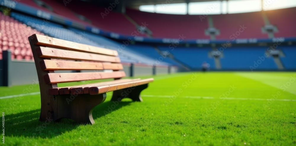 Obraz premium Wooden bench placed on the grassy slope of a football stadium with red and blue seats , wooden, field