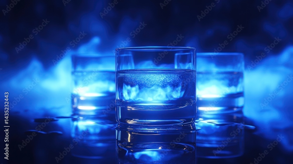 Three shot glasses filled with clear liquid, illuminated by a blue light, against a smoky background Three shot glasses filled with clear liquid, illuminated by a blue light, against a smoky background