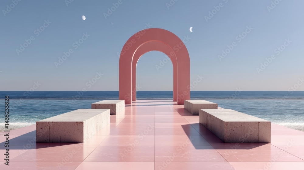 3D white cylindrical podium with Surreal architecture with arched window,curtain,pool,interior design of empty space,exhibition gallerydisplayProduct presentation realistic podium or platform. 3D white cylindrical podium with Surreal architecture with arched window,curtain,pool,interior design of empty space,exhibition gallerydisplayProduct presentation realistic podium or platform.