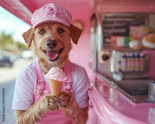 Happy dog in pink uniform serving ice cream from a vibrant food truck