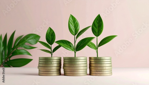 Stacks of coins with green plants symbolize financial growth and investment.