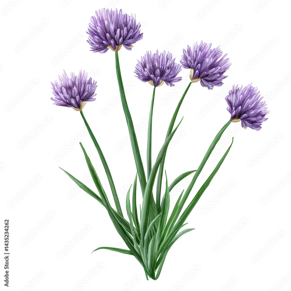 Naklejka premium Chives flowers blooming on a transparent background showcasing delicate purple petals, Chives flower on a transparent background Flower