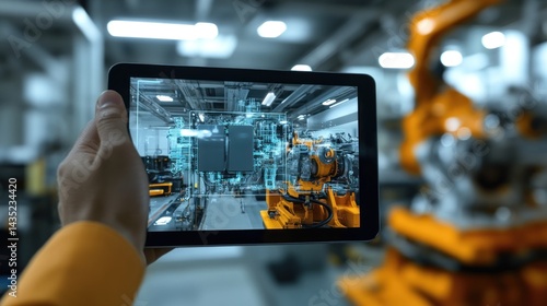 Augmented reality overlay on a tablet displays a factory with robotic arm