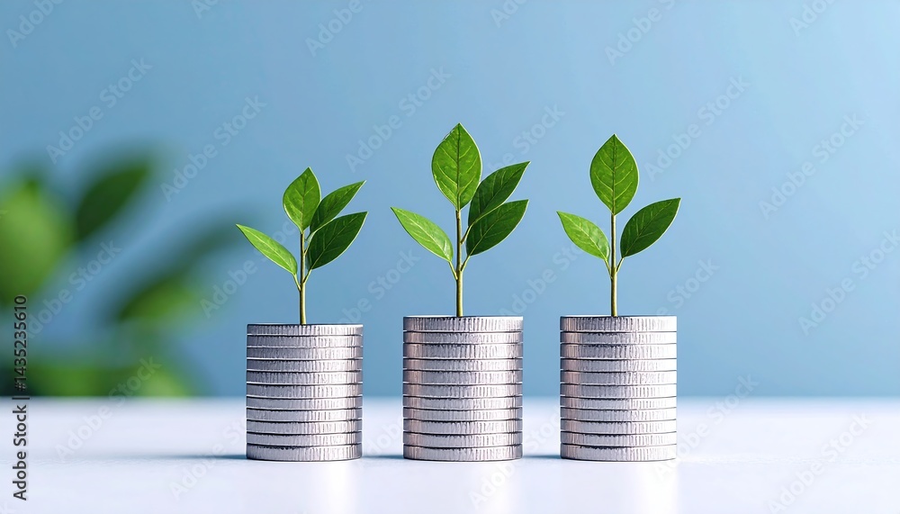 Stacks of coins with green plants symbolize financial growth and investment.