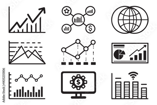 set of 9 Data analysis web icons in line style.graphs, traffic, analysis, research, network, collection, statistics, performance, settings and more