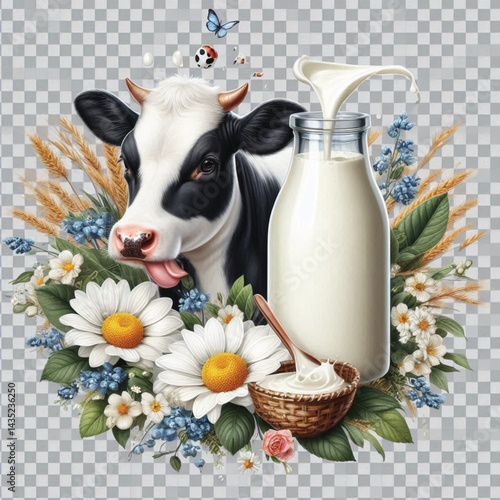 Milk Dairy Cow Isolated on Transparent White Background 