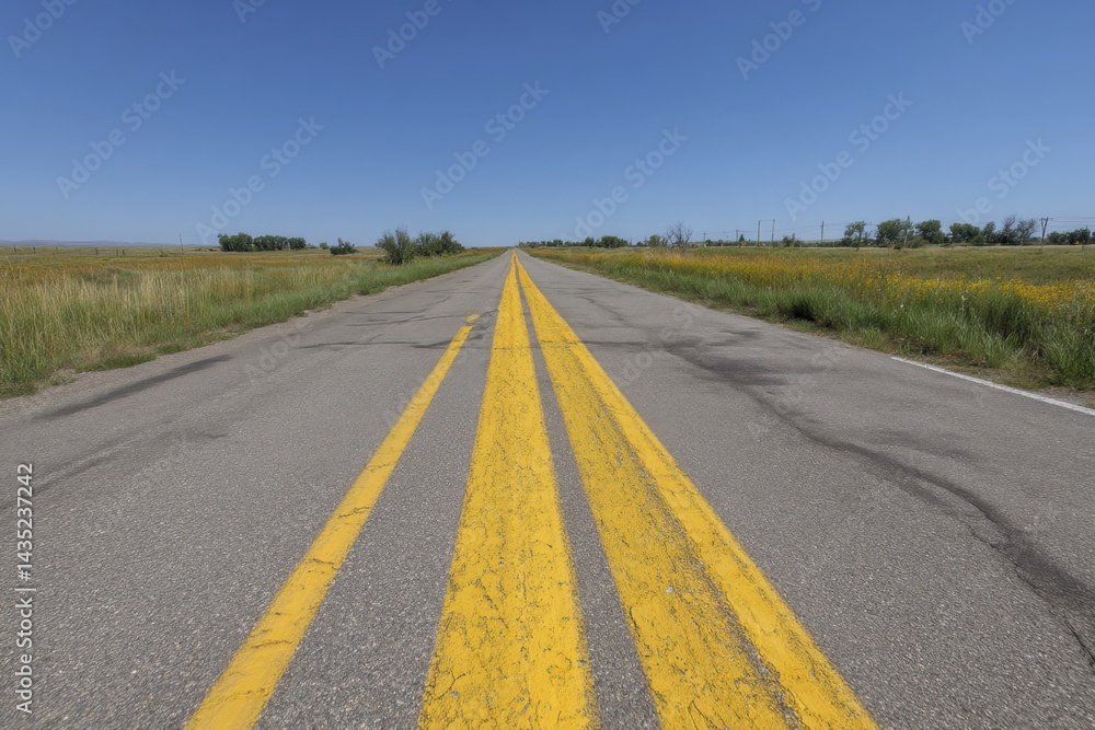 Fototapeta premium Asphalt road stretches to horizon under clear blue sky with fields and vegetation on either side in summer
