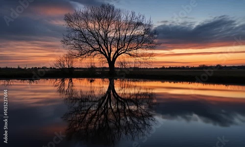 Wallpaper Mural A tranquil view of sunset over water, showing a tree and its reflection beneath colorful skies and distant fields Torontodigital.ca
