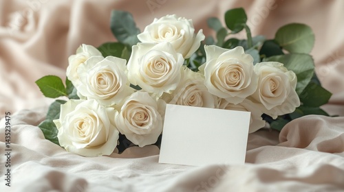Bouquet of white roses with blank card