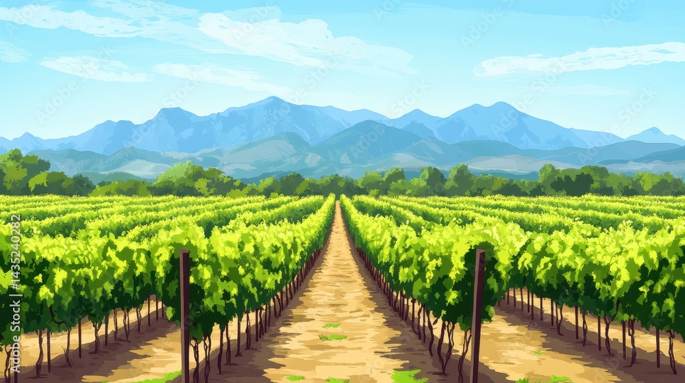 Fototapeta premium Serene vineyard landscape illustration with lush green vines mountains and clear blue sky creating a peaceful and inviting atmosphere perfect for travel and nature themes