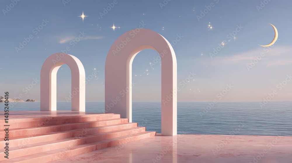 3D white cylindrical podium with Surreal architecture with arched window,curtain,pool,interior design of empty space,exhibition gallerydisplayProduct presentation realistic podium or platform. 3D white cylindrical podium with Surreal architecture with arched window,curtain,pool,interior design of empty space,exhibition gallerydisplayProduct presentation realistic podium or platform.